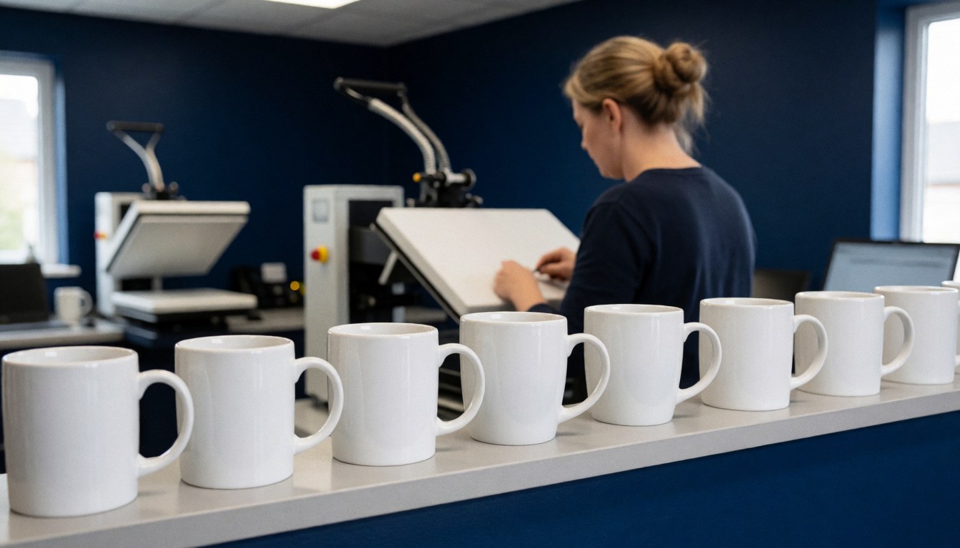 Tasse blanche posée sur une étagère, machine d'impression en arrière-plan, personne travaillant dos tourné dans un atelier textile à mur bleu foncé
