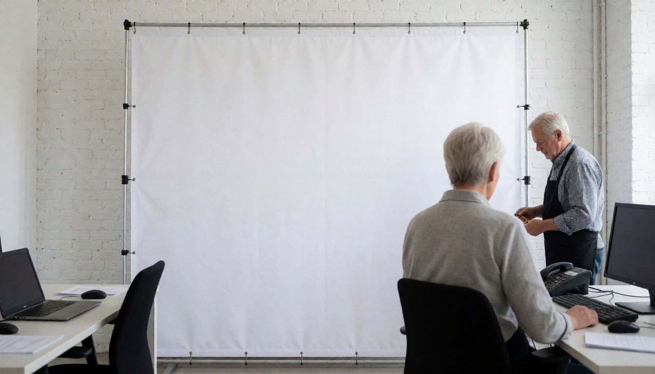 Salle moderne avec murs en briques blanches, deux adultes travaillant, l'un ajustant le fond et l'autre assis à une table.