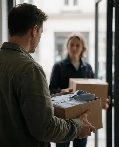 Une cliente reçoit une boîte contenant des chemises dans un magasin, le vendeur lui remet le produit lors d'une scène commerciale réaliste.