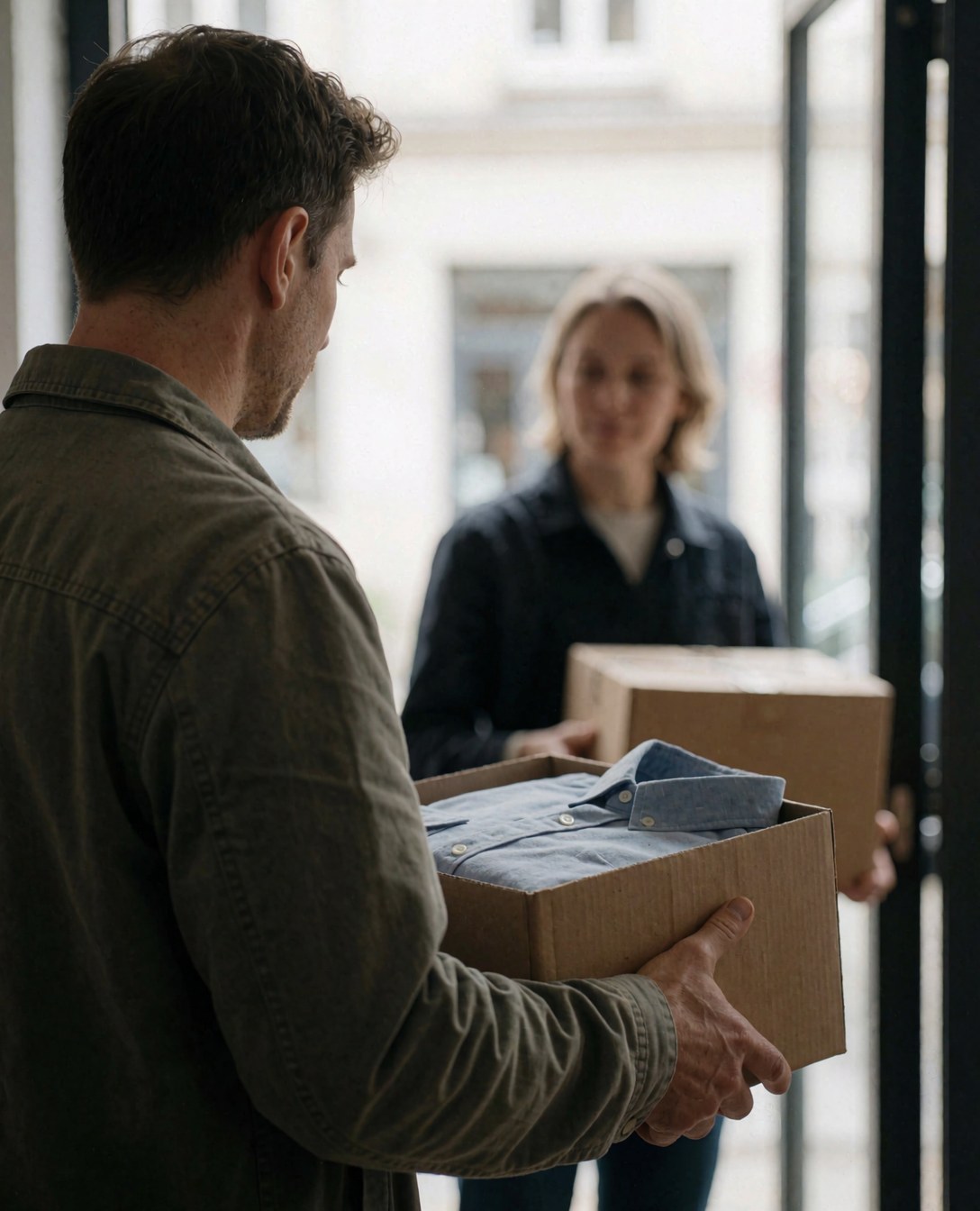 Une cliente reçoit une boîte contenant des chemises dans un magasin, le vendeur lui remet le produit lors d'une scène commerciale réaliste.