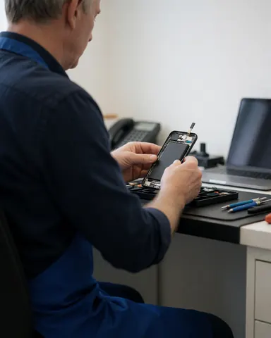 Un technicien portant un tablier bleu répare une batterie de smartphone sur une table de travail équipée d'outils, dans un environnement propre et professionnel dédié à la réparation mobile.