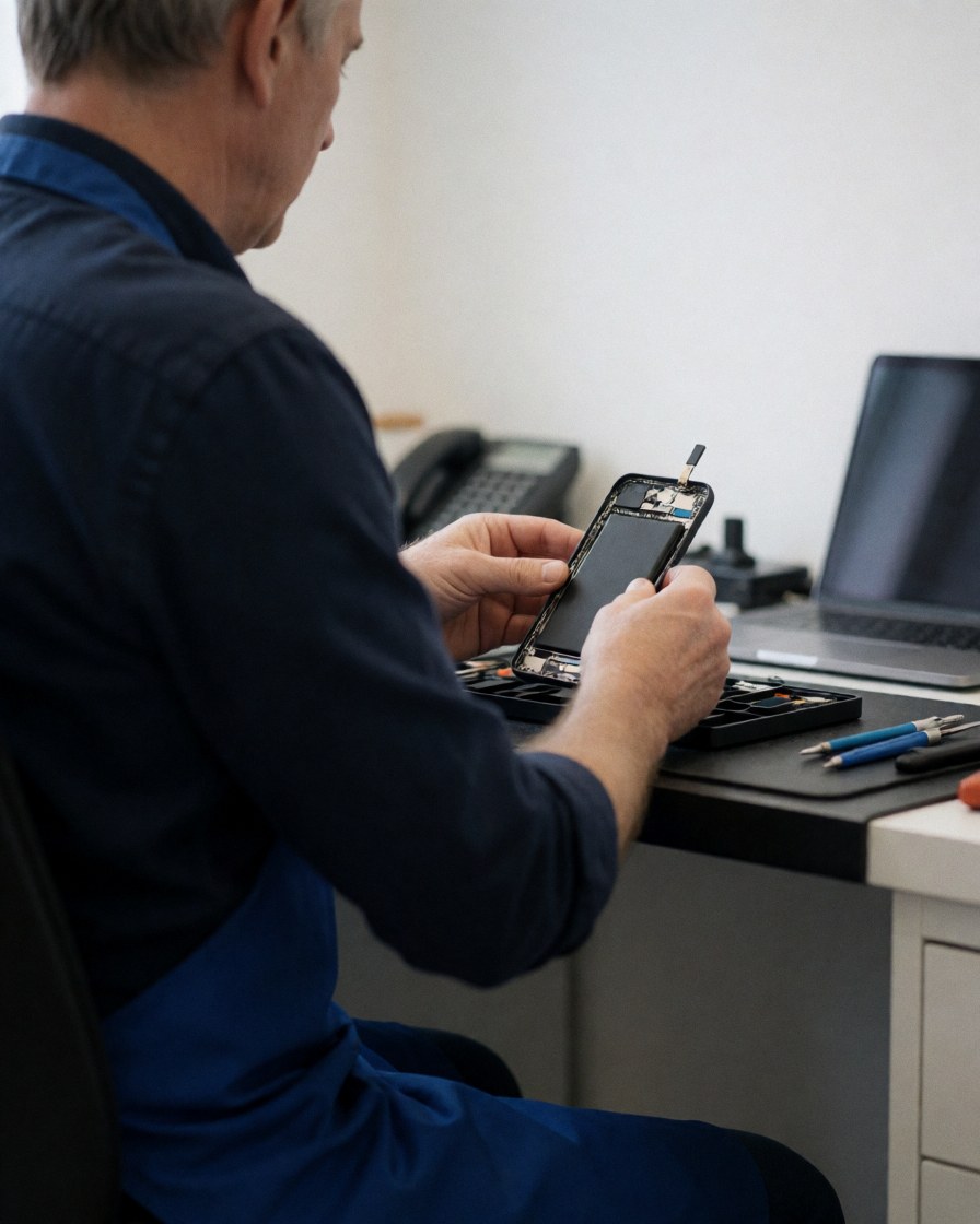 Un technicien portant un tablier bleu répare une batterie de smartphone sur une table de travail équipée d'outils, dans un environnement propre et professionnel dédié à la réparation mobile.