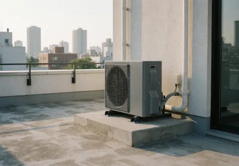 Unité de chauffage grise posée sur un socle en béton, vue sur la ville sous un ciel clair matinal.