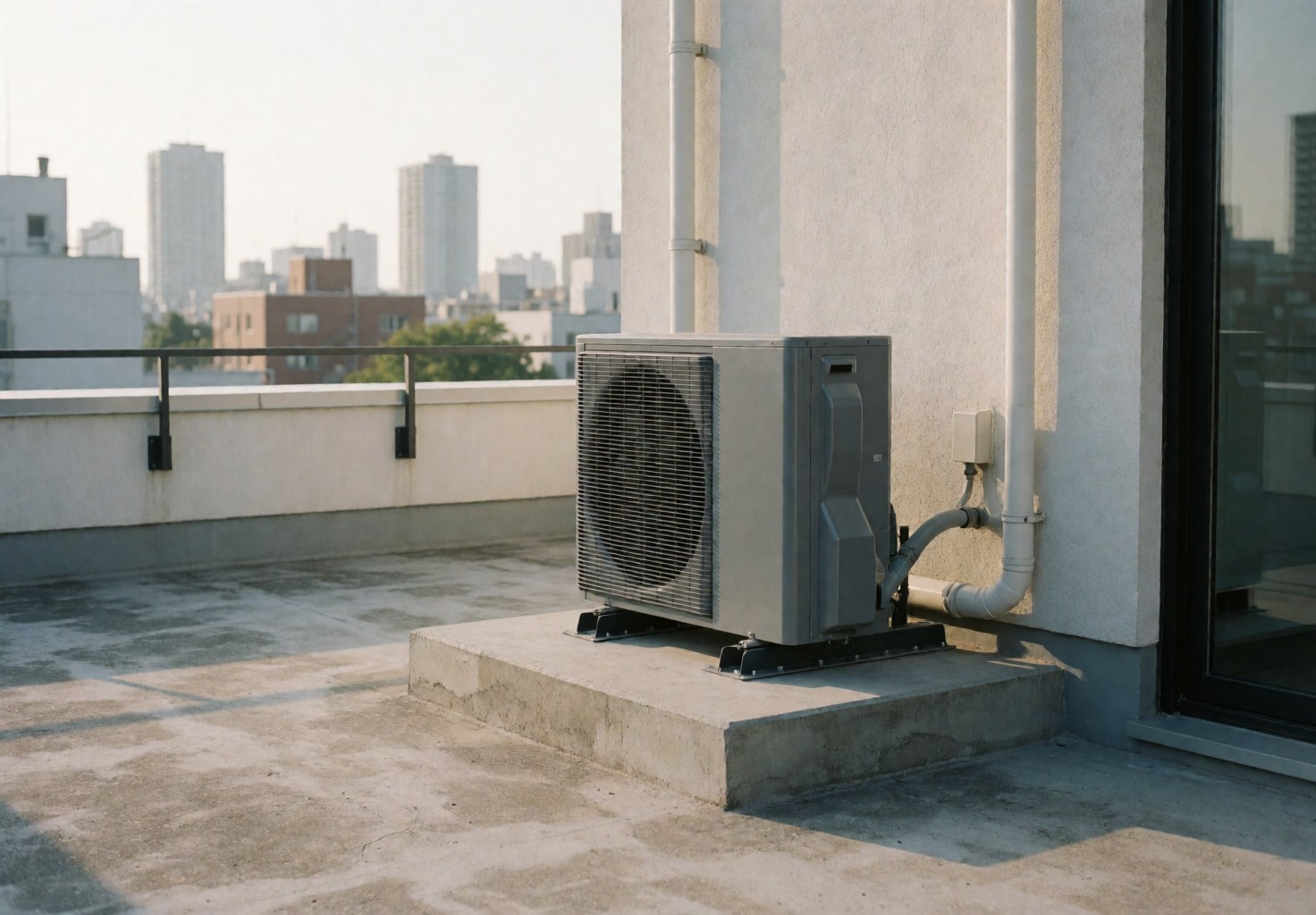 Unité de chauffage grise posée sur un socle en béton, vue sur la ville sous un ciel clair matinal.