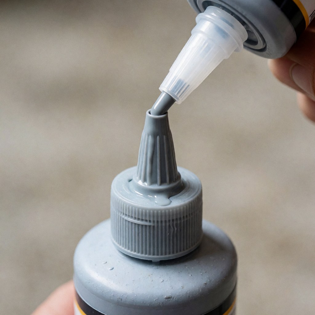 Gros plan d'un distributeur de mastic gris avec une goutte suspendue au bord, sur un fond de béton texturé, produit destiné aux professionnels du bâtiment.