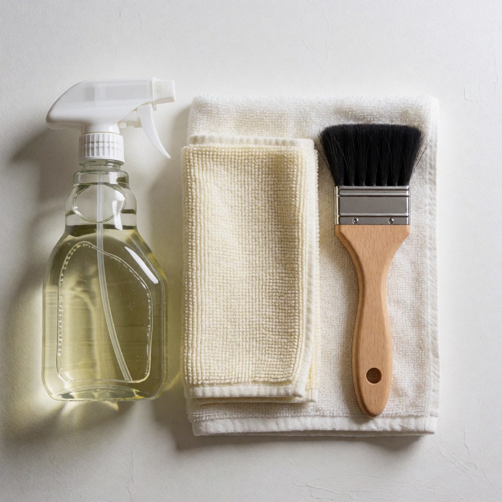 Bouteille spray, chiffon et brosse disposés sur une serviette blanche, présentant des produits de nettoyage pour l'intérieur des véhicules.