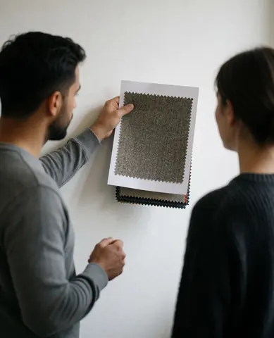 Une cliente et un designer consultent un échantillon de tissu accroché sur un mur blanc, illustrant le textile pour l'impression.
