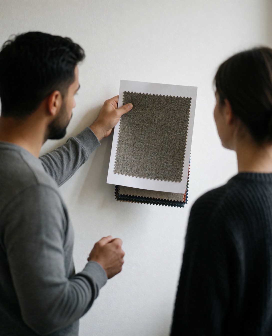 Une cliente et un designer consultent un échantillon de tissu accroché sur un mur blanc, illustrant le textile pour l'impression.