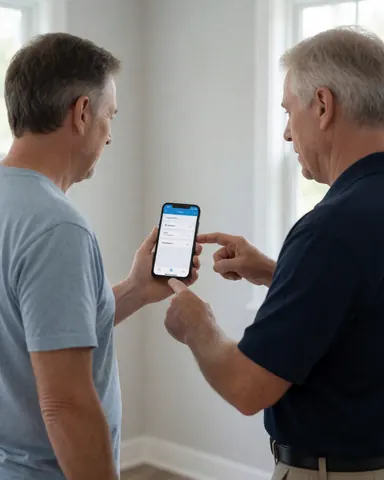 Un technicien présente une application sur son smartphone à un client dans une pièce aux murs clairs, les deux interagissant avec l'appareil.