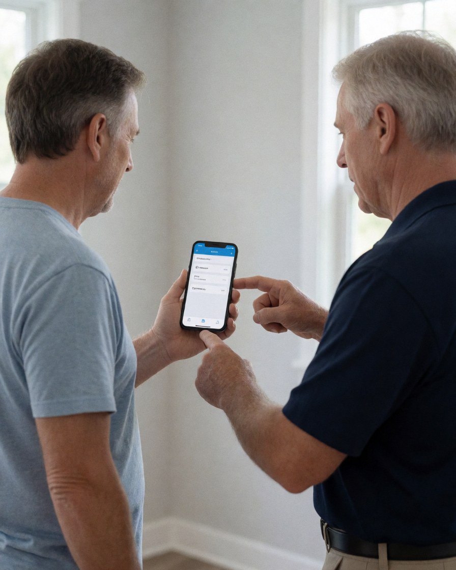 Un technicien présente une application sur son smartphone à un client dans une pièce aux murs clairs, les deux interagissant avec l'appareil.