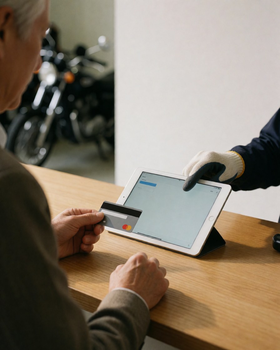 Un client âgé paie avec une carte dans un atelier de motos tandis qu'un mécanicien ganté utilise une tablette avec une moto en arrière-plan
