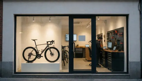 Vélo de route exposé dans une vitrine éclairée, mécanicien travaillant à un bureau avec des ordinateurs, outils suspendus au mur dans un atelier moderne et propre.