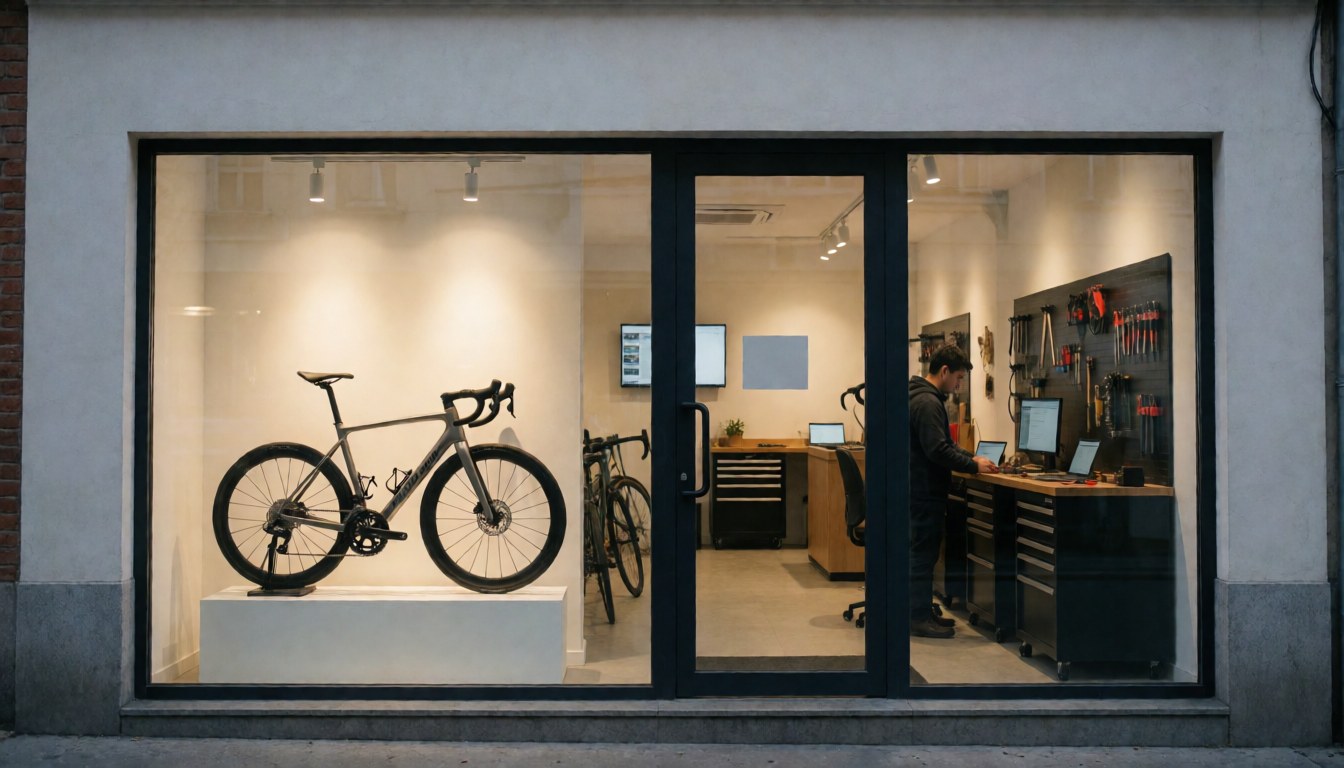 Vélo de route exposé dans une vitrine éclairée, mécanicien travaillant à un bureau avec des ordinateurs, outils suspendus au mur dans un atelier moderne et propre.