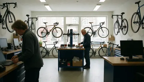 Un mécanicien ajuste des outils dans un atelier de vélo avec des vélos suspendus aux murs et de la lumière naturelle entrant par les fenêtres.