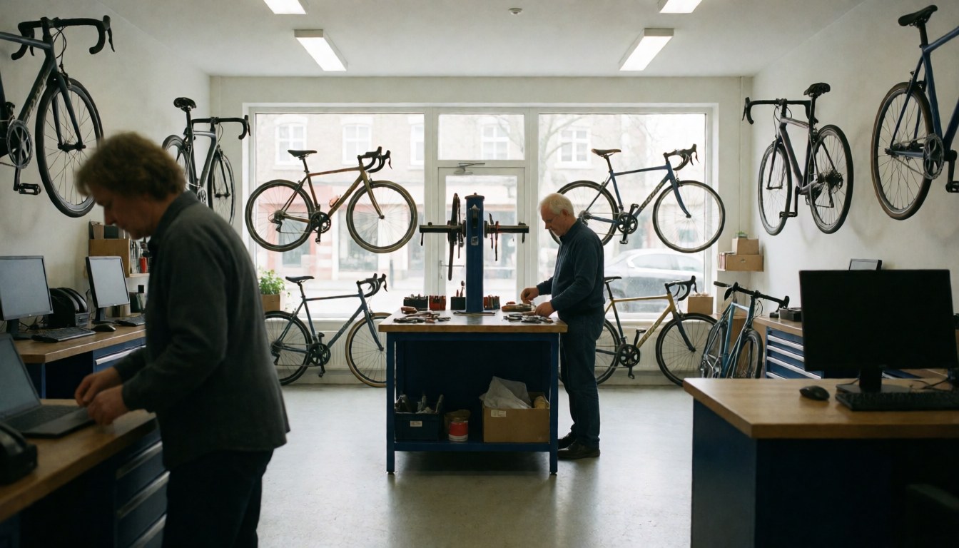 Un mécanicien ajuste des outils dans un atelier de vélo avec des vélos suspendus aux murs et de la lumière naturelle entrant par les fenêtres.