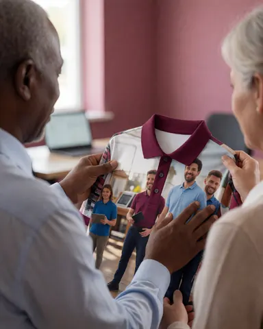 Une cliente examine une chemise à motif personnalisé dans un magasin, avec des murs roses et une lumière naturelle vive.