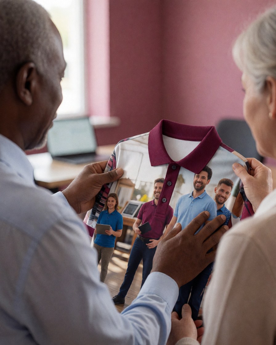 Une cliente examine une chemise à motif personnalisé dans un magasin, avec des murs roses et une lumière naturelle vive.