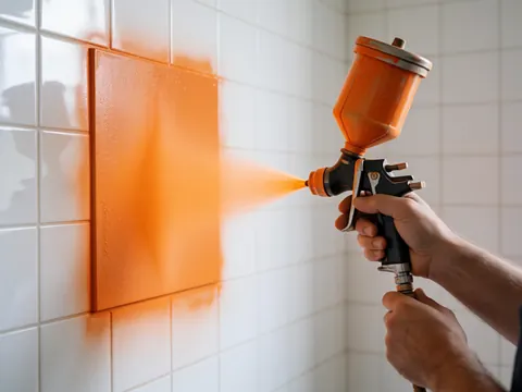 Mains utilisant un pistolet pour appliquer de la peinture orange sur un panneau dans un atelier de carrosserie automobile aux murs carrelés de blanc.