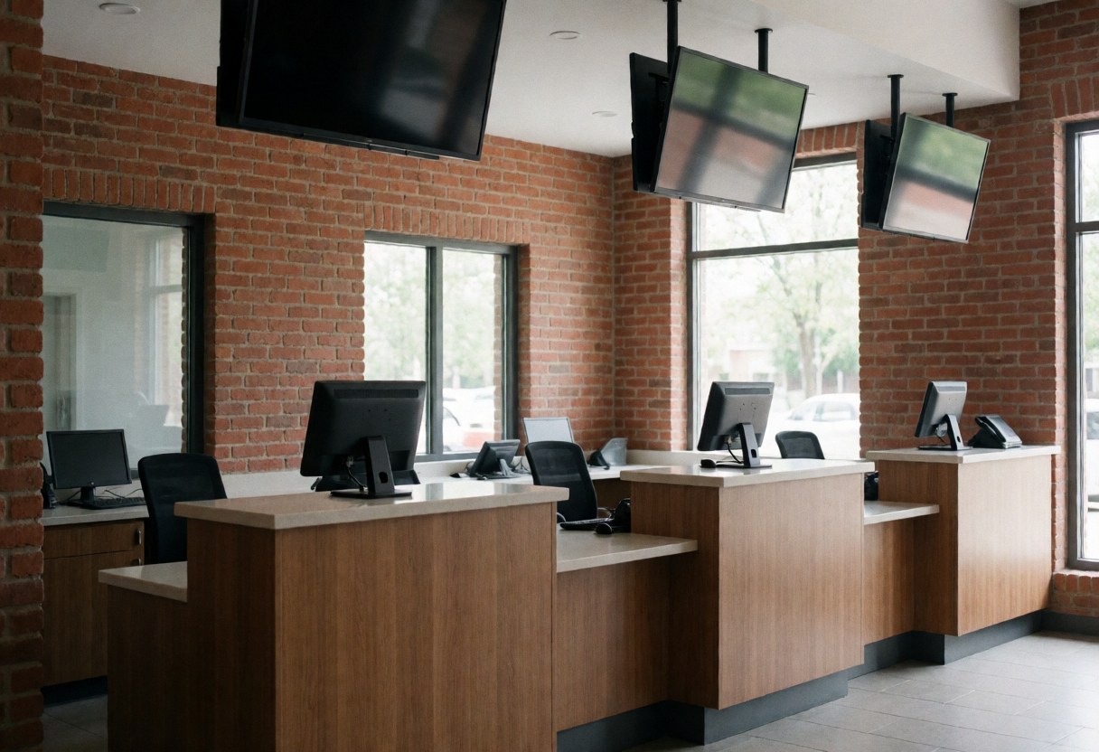 Intérieur vide d'un point de vente de parc à thème avec tables en bois, écrans numériques et murs en briques, prêt à accueillir la clientèle.