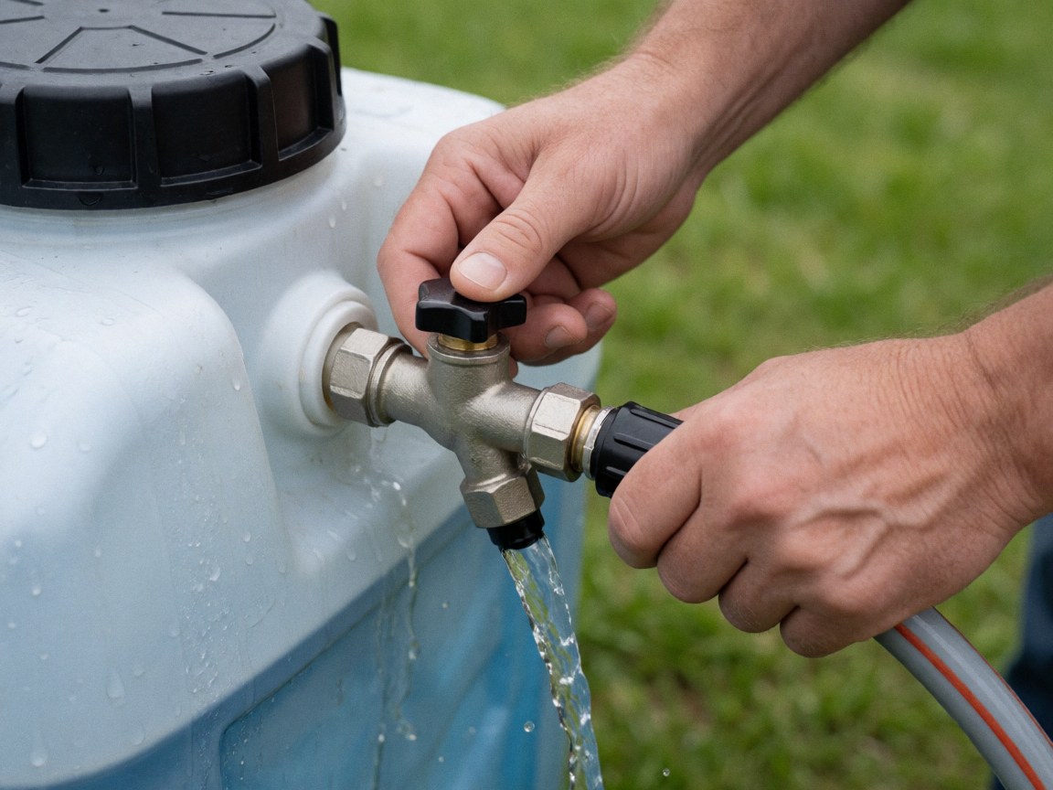 Main actionnant la vanne d'un réservoir portable avec de l'eau qui s'en échappe, sur un fond d'herbe, pertinent pour le nettoyage de véhicules.