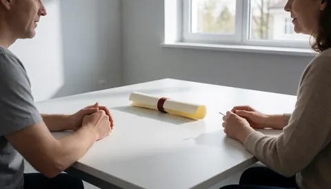 Diplôme enroulé avec ruban rouge sur table blanche, deux personnes discutant dans une salle aux murs gris et lumière naturelle, idéal pour une école de langues.