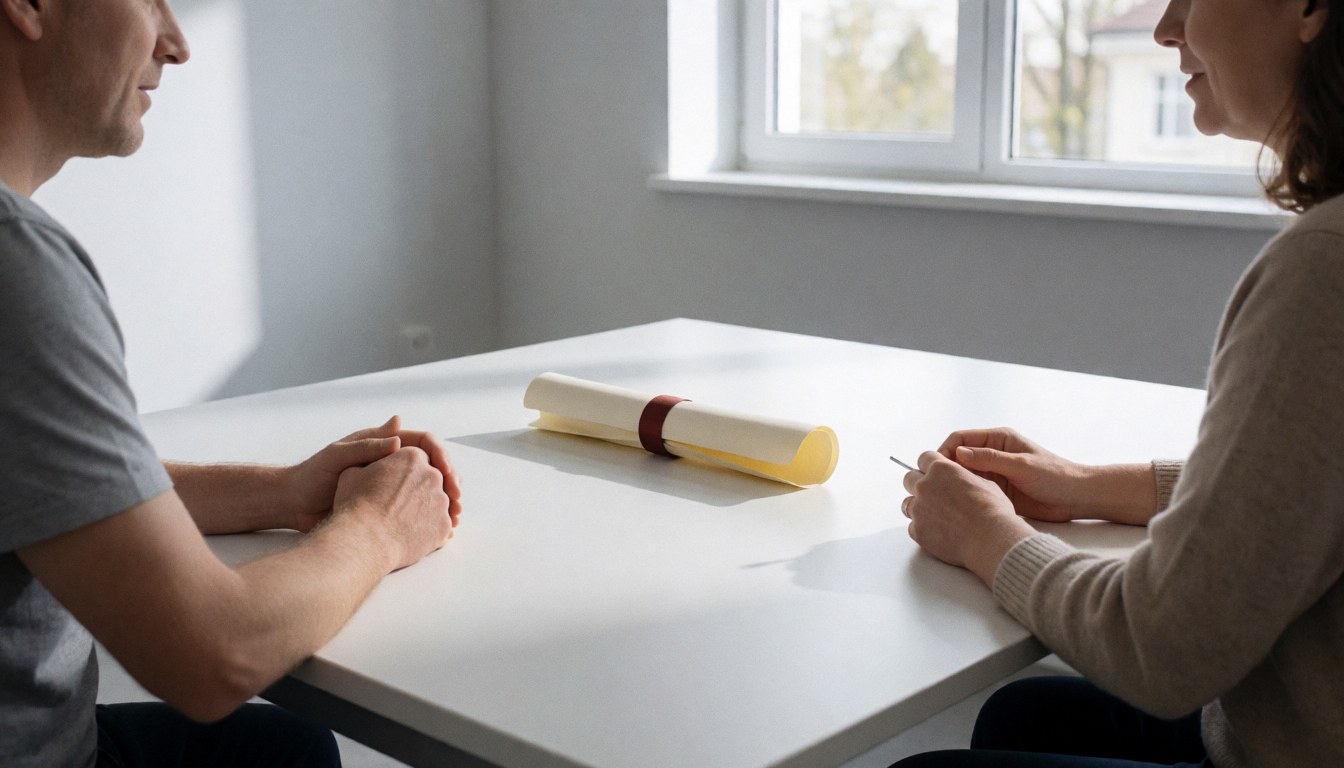 Diplôme enroulé avec ruban rouge sur table blanche, deux personnes discutant dans une salle aux murs gris et lumière naturelle, idéal pour une école de langues.