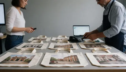 Un homme portant un tablier imprime des photos de bâtiments sur des sacs en tissu posés sur une table dans un atelier moderne.