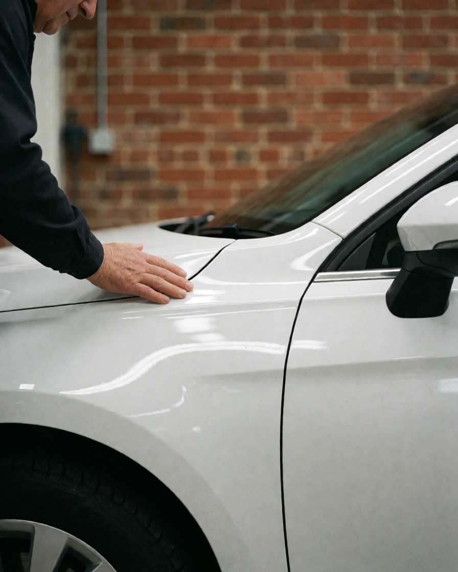 Un client inspecte le capot d'une voiture blanche fraîchement lavée dans un atelier avec un mur en briques rouges, vérifiant la surface brillante.