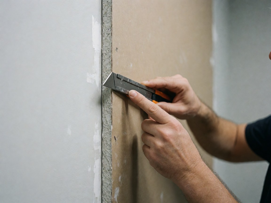 Main coupant une plaque de plâtre avec un couteau de coupe, montrant les fibres du noyau et le joint de mortier sur un mur peint en gris clair.
