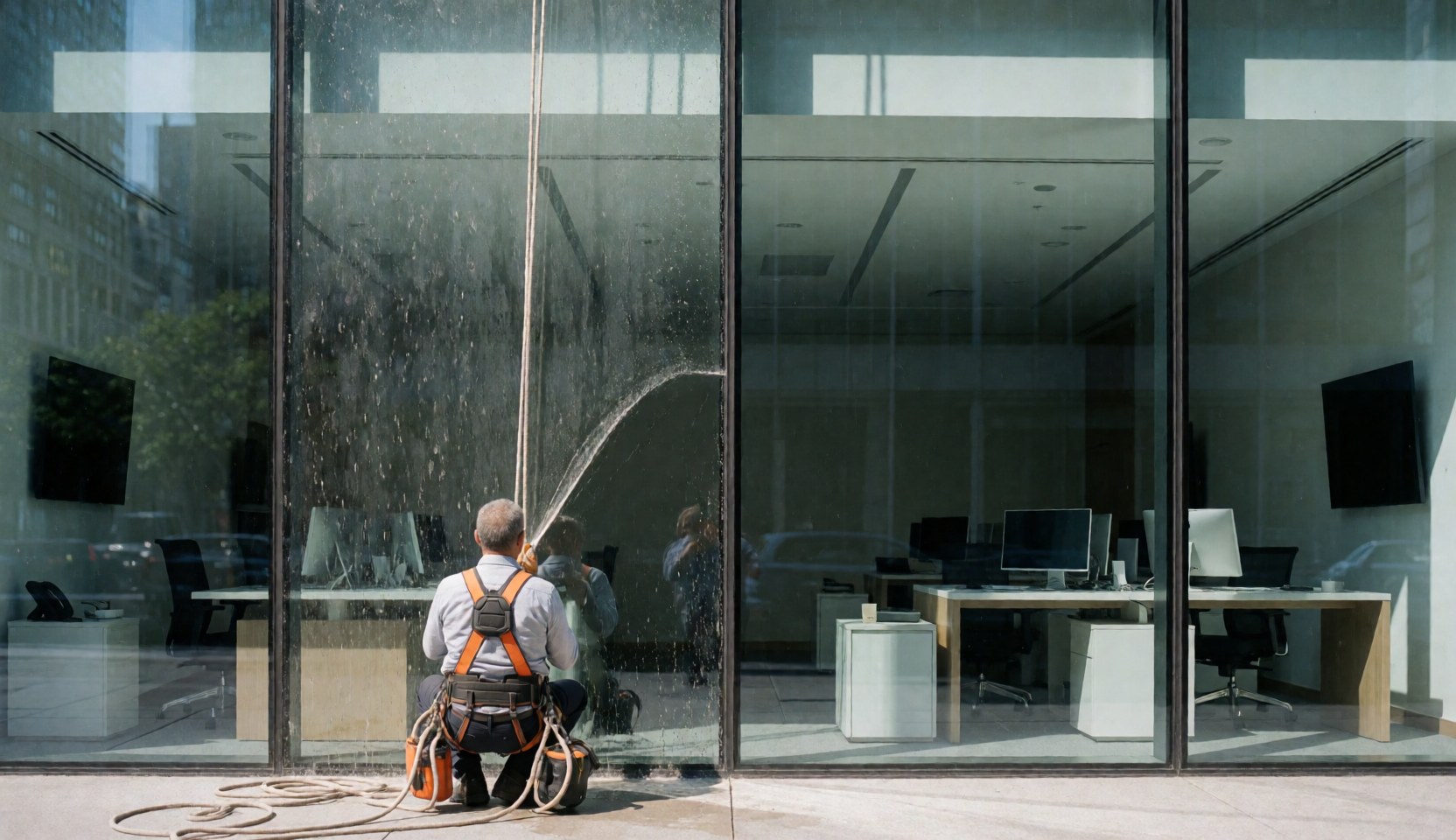 Un ouvrier en harnais et corde nettoie une grande vitre d'un immeuble de bureaux moderne, révélant l'intérieur avec des bureaux et des ordinateurs.