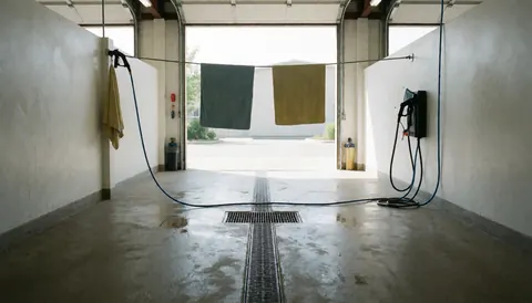 Fond d'atelier de lavage de motos avec sol mouillé, robinet d'eau, serviettes suspendues et portes de garage ouvertes.