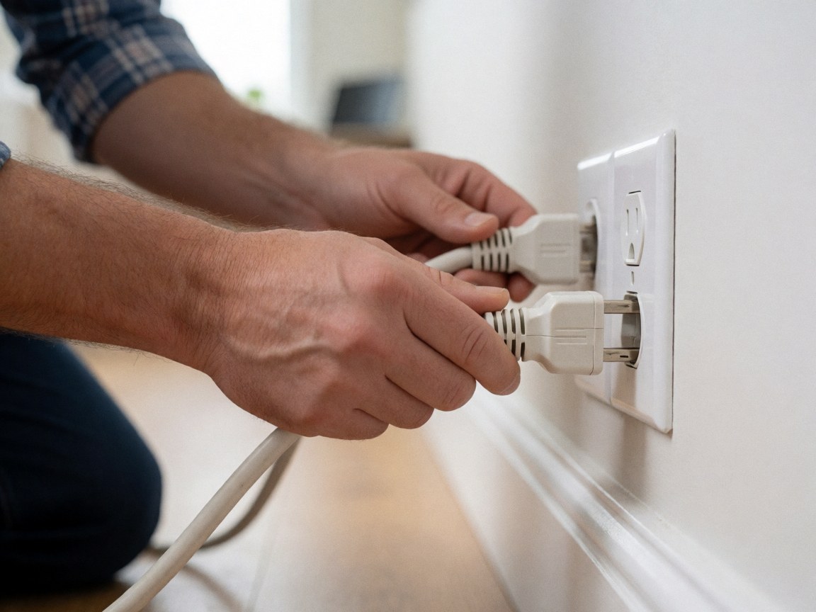 Gros plan des mains d'un technicien branchant un câble blanc sur une prise murale blanche lors d'une intervention de réparation.