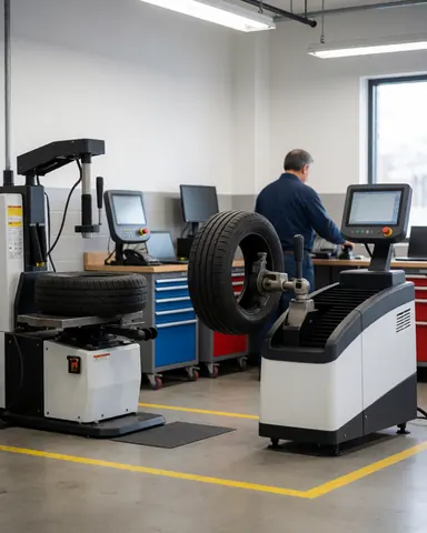 Vue d'un atelier de réparation de pneus équipé de matériel numérique, montrant un pneu en cours de montage sur une machine et des lignes de sécurité jaunes au sol.