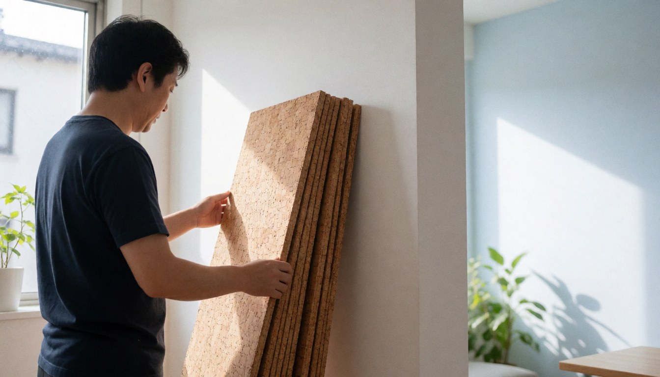 Un homme installe des plaques de liège contre un mur blanc pour l'isolation thermique dans un intérieur lumineux et moderne.