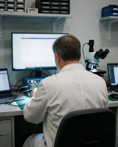 Technicien de dos travaillant avec un microscope et un boîtier JTAG dans un laboratoire de réparation de téléphones, avec moniteur et étagères de composants.