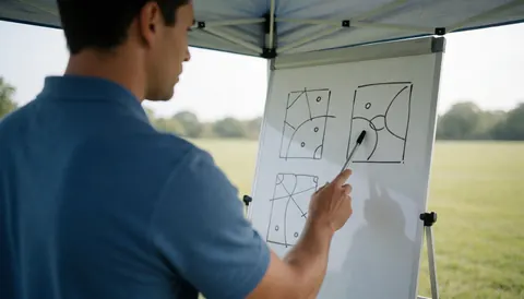 Entraîneur de football dessinant des tactiques sur un tableau blanc portable sur un terrain de football en extérieur