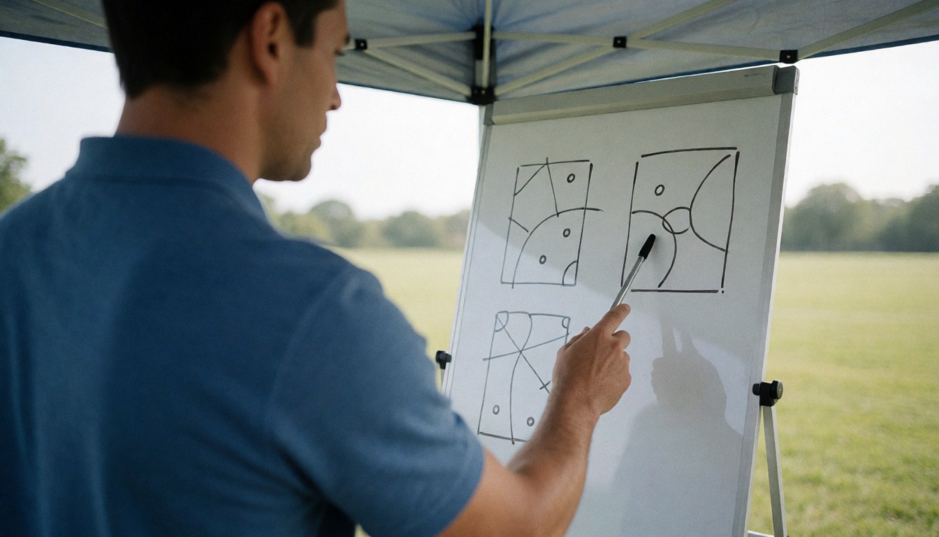 Entraîneur de football dessinant des tactiques sur un tableau blanc portable sur un terrain de football en extérieur