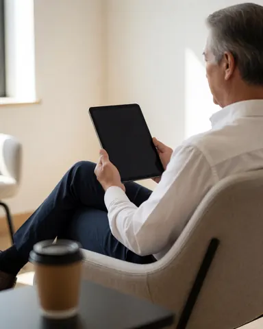 Un client adulte se repose sur une chaise moderne, tenant une tablette, avec une tasse de café sur une table à proximité, dans un espace d'attente lumineux.