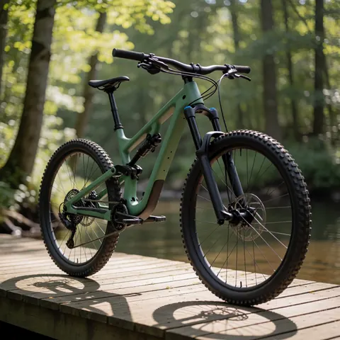 Vélo de montagne vert à suspension intégrale posé sur un pont en bois dans un bois éclairé par le soleil, adapté à la location de vélos en pleine nature.