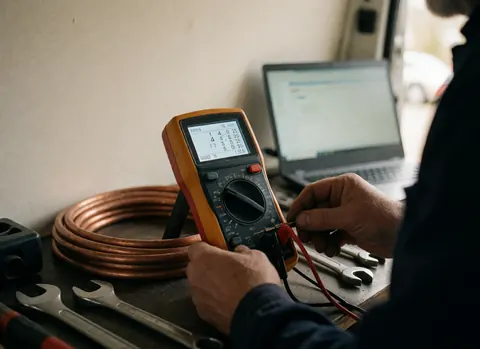 Un technicien examine des codes sur un multimètre numérique posé sur une table avec des tuyaux en cuivre et des clés dans un atelier de réparation de chauffage.