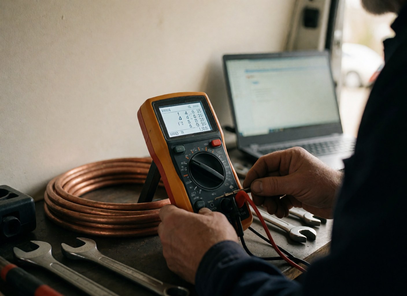 Un technicien examine des codes sur un multimètre numérique posé sur une table avec des tuyaux en cuivre et des clés dans un atelier de réparation de chauffage.