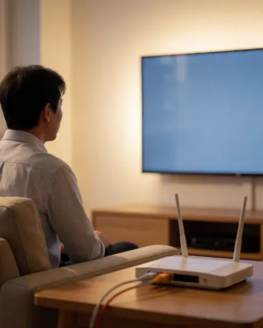 Un client profite de la télévision dans son salon avec un routeur connecté, illustrant une connexion internet stable et moderne à domicile.