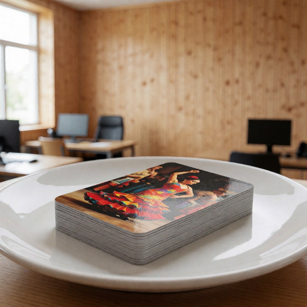 Pile de cartes éducatives illustrant une danseuse de flamenco posée sur une surface blanche dans une salle de classe en bois baignée de lumière naturelle.