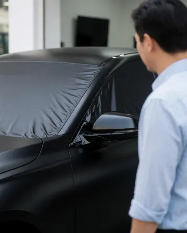 Un client examine la finition mate en vinyle noir d'un véhicule terminé dans un atelier de personnalisation automobile.