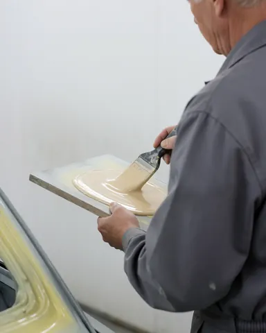 Un technicien applique du mastic pour carrosserie sur une plaque avec un pinceau dans un atelier de peinture aux murs blancs, illustrant un service professionnel en action.