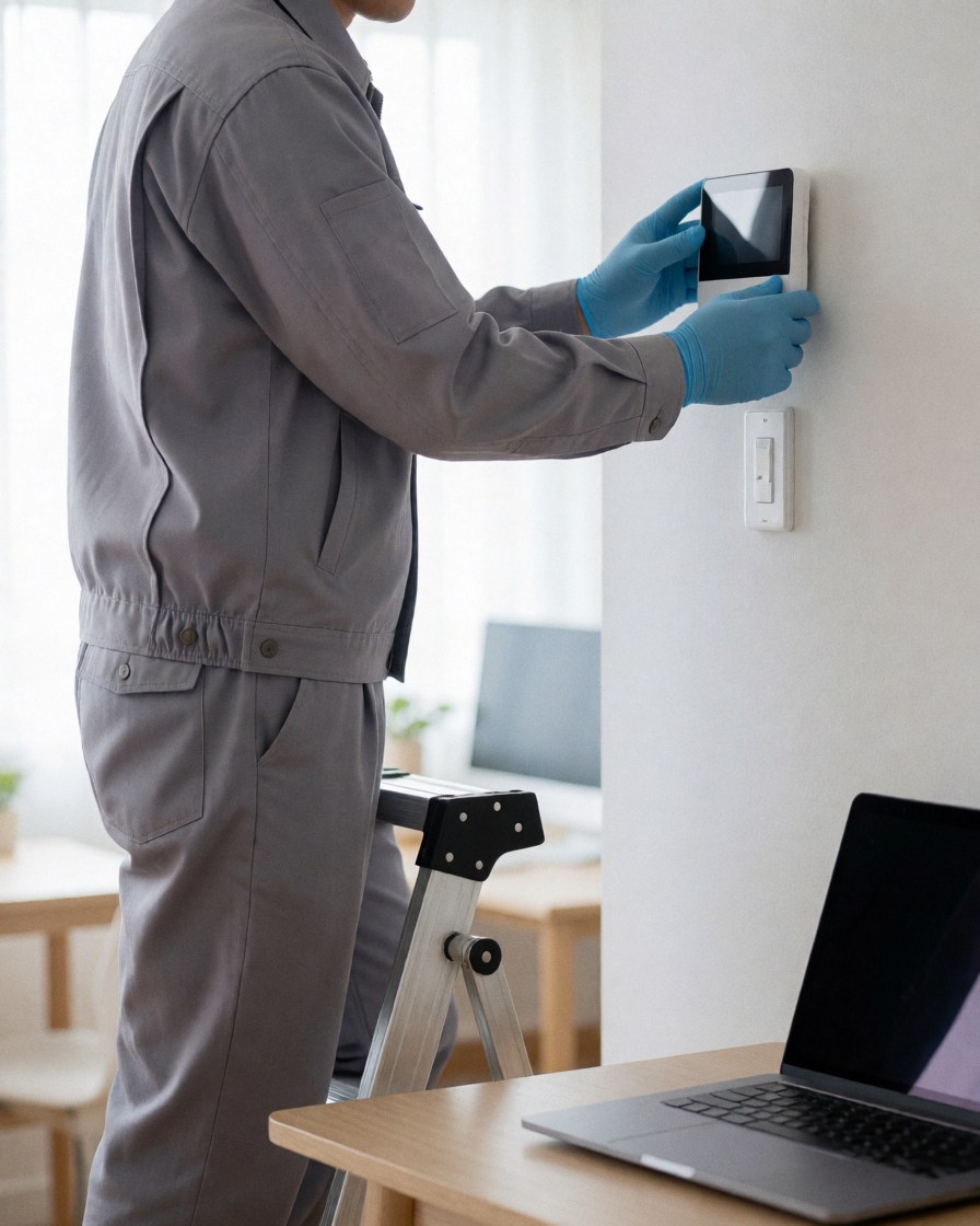 Technicien en uniforme gris pose un thermostat intelligent sur un mur blanc avec des gants bleus, près d'un ordinateur portable, dans le cadre d'une réparation de chaudière.