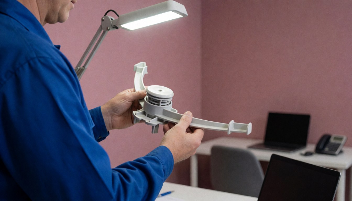 Un technicien en uniforme examine le bras d'une machine à laver blanche dans un atelier sous un éclairage professionnel.