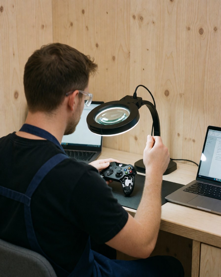 Technicien utilisant une loupe pour réparer une manette de jeu vidéo sur un établi en bois clair, illustrant un service de réparation de consoles en action.