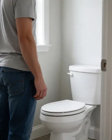 Un client debout regarde un WC blanc propre dans une salle de bain aux murs gris clair et à la lumière naturelle, illustrant la satisfaction après une réparation de plomberie.
