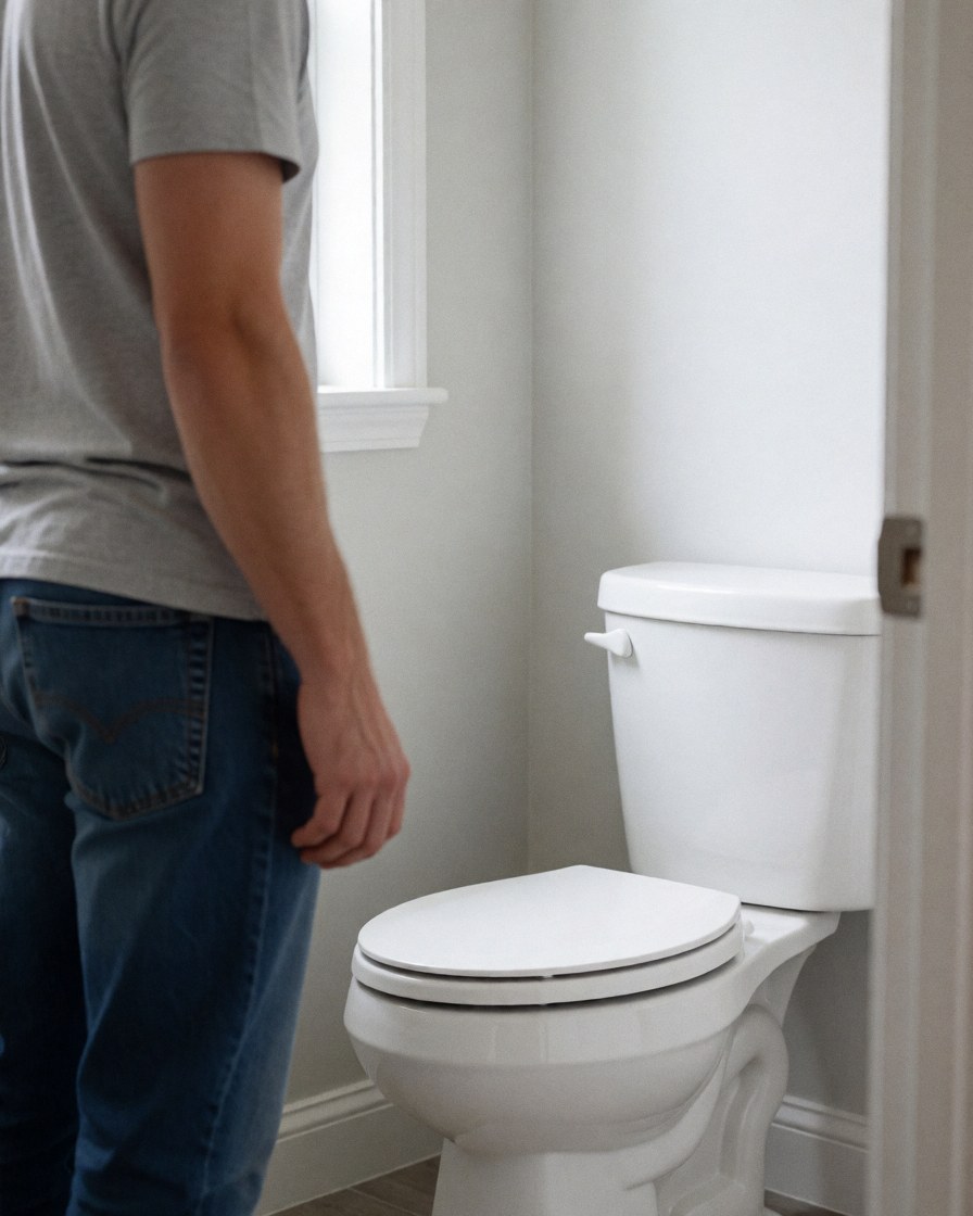 Un client debout regarde un WC blanc propre dans une salle de bain aux murs gris clair et à la lumière naturelle, illustrant la satisfaction après une réparation de plomberie.